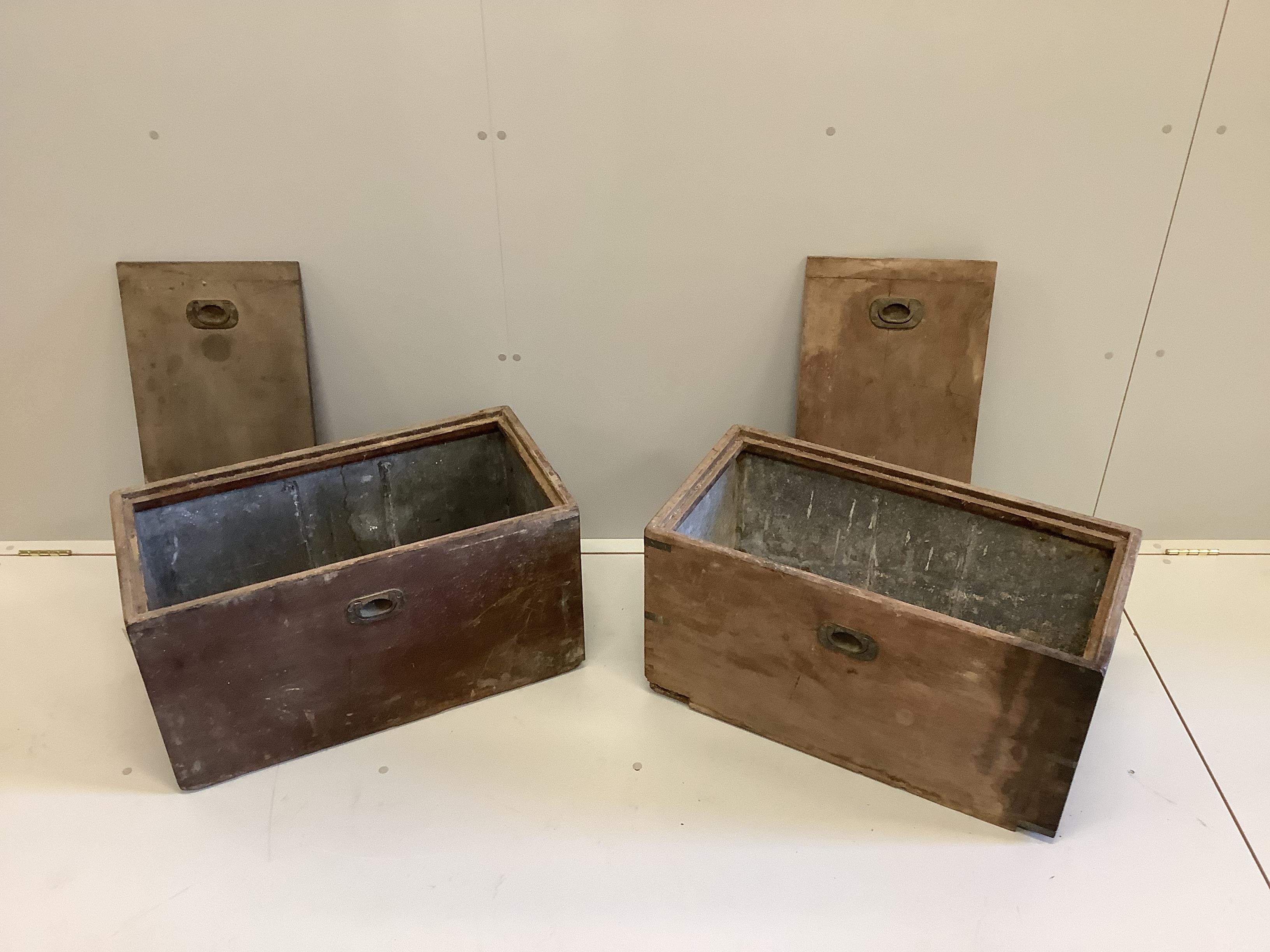 A pair of lead lined shooting picnic boxes, width 72cm, depth 38cm, height 38cm